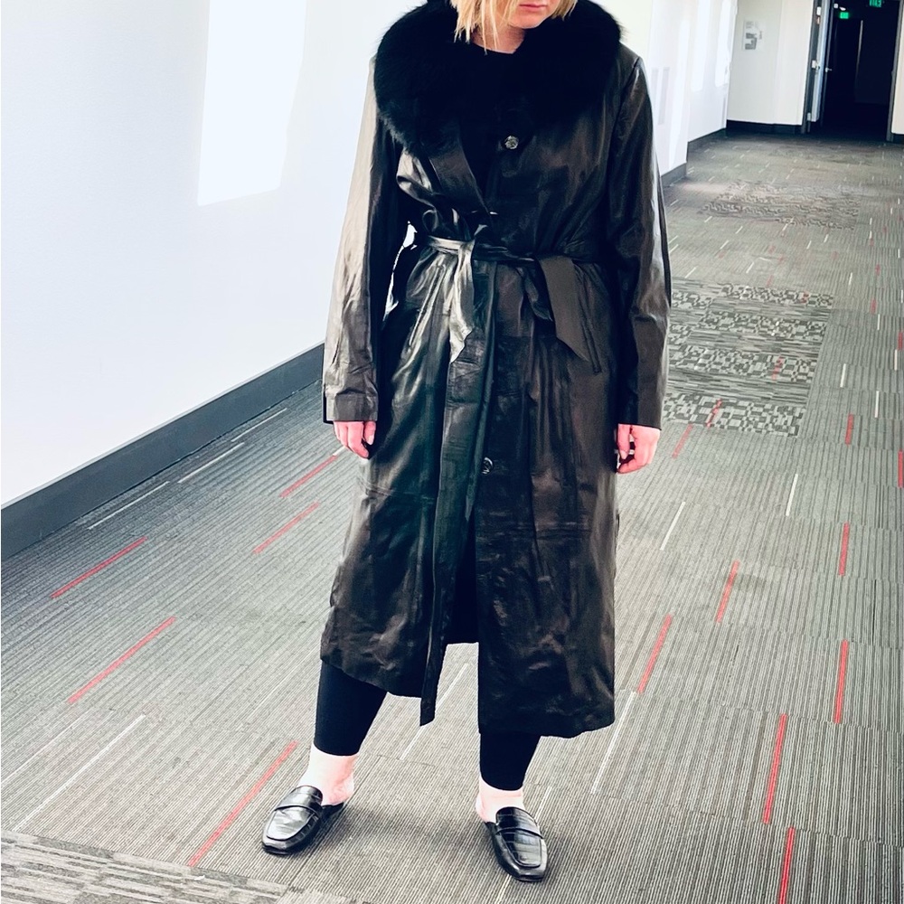 Black leather trench, black genuine sheepskin leather trench with fur collar